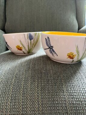 Floral Dragonfly Ceramic Bowl Set with Yellow Interior - NWT